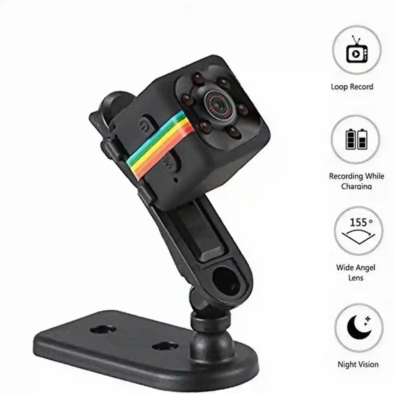 Small black camera with colorful stripe on a white background