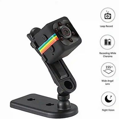 Small black camera with colorful stripe on a white background