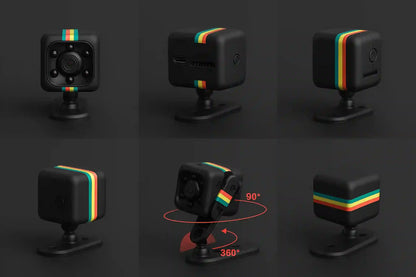 Six views of a small black cube-shaped camera on a stand against a dark gray background, with two views showing a green, yellow, and orange stripe and one view with red text indicating 90-degree and 360-degree rotation.