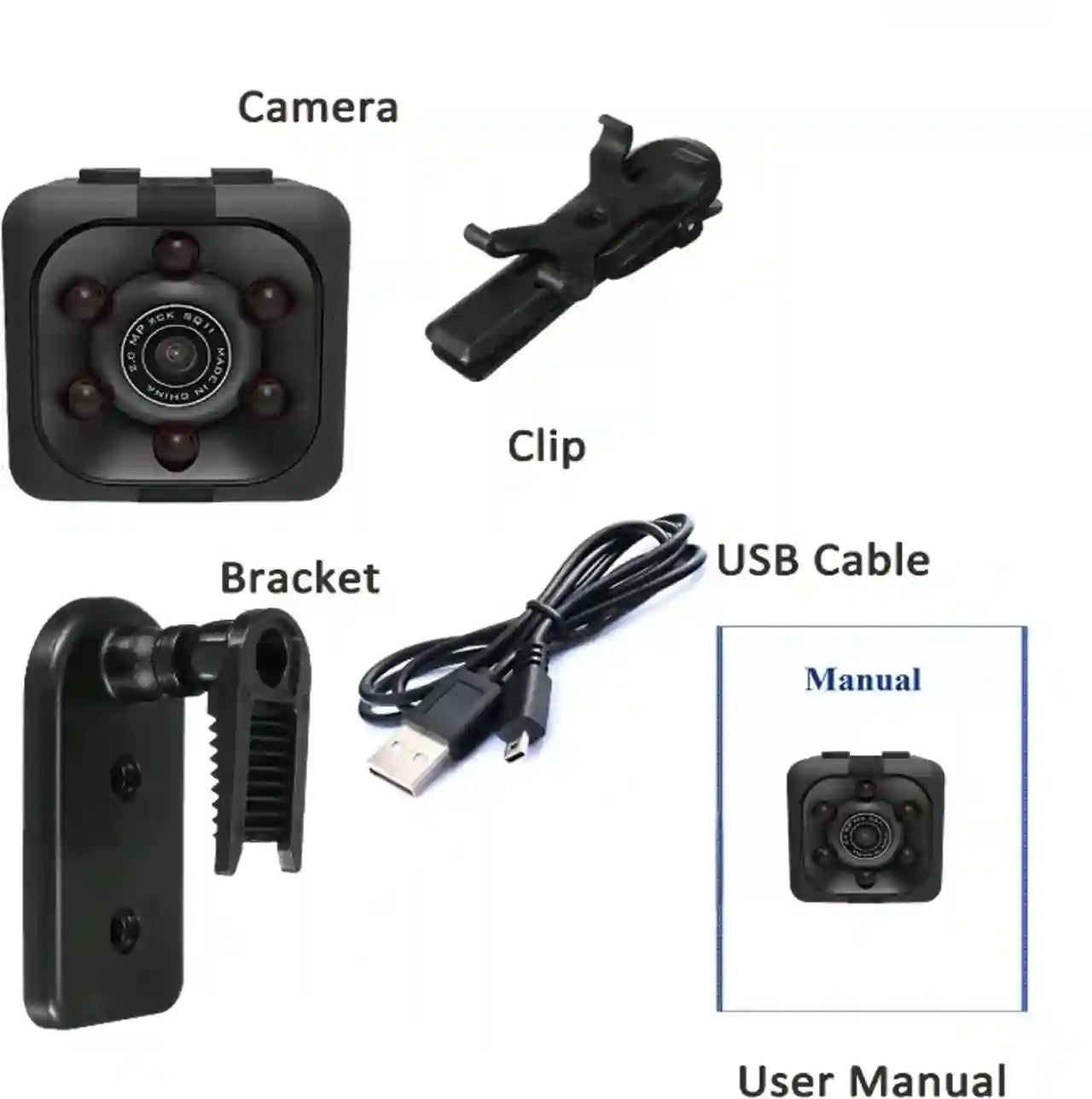 Small camera with accessories including a clip, bracket, USB cable, and user manual on a white background.