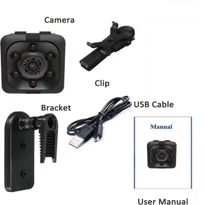 Small camera with accessories including a clip, bracket, USB cable, and user manual on a white background.