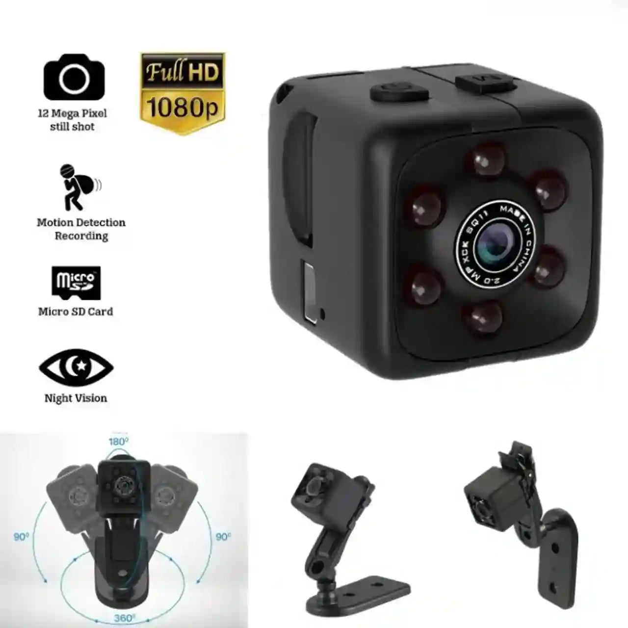 Small black camera with features listed on a white background