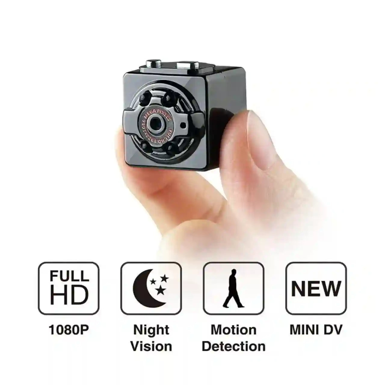 Small black camera held in a hand with features highlighted on a white background