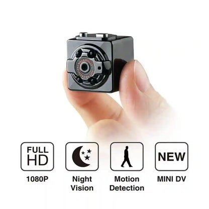Small black camera held in a hand with features highlighted on a white background