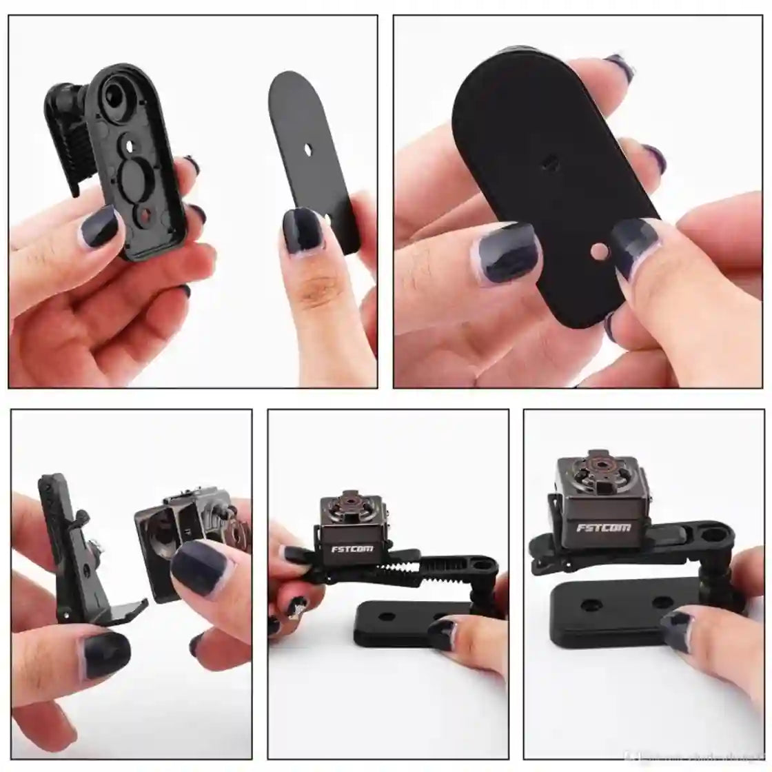 Black camera mount being demonstrated on a white background