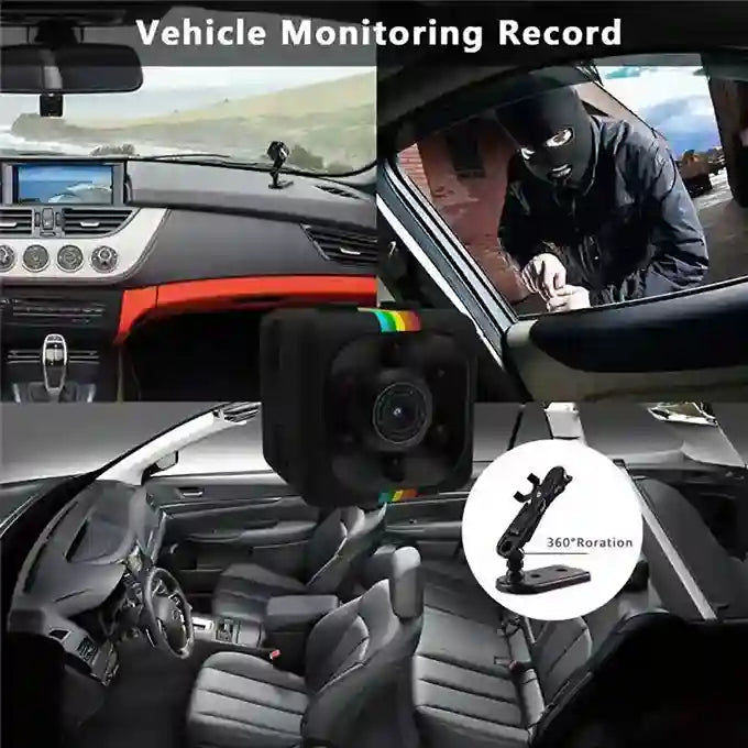 Car interior with a camera mounted on the dashboard, showing vehicle monitoring record text.