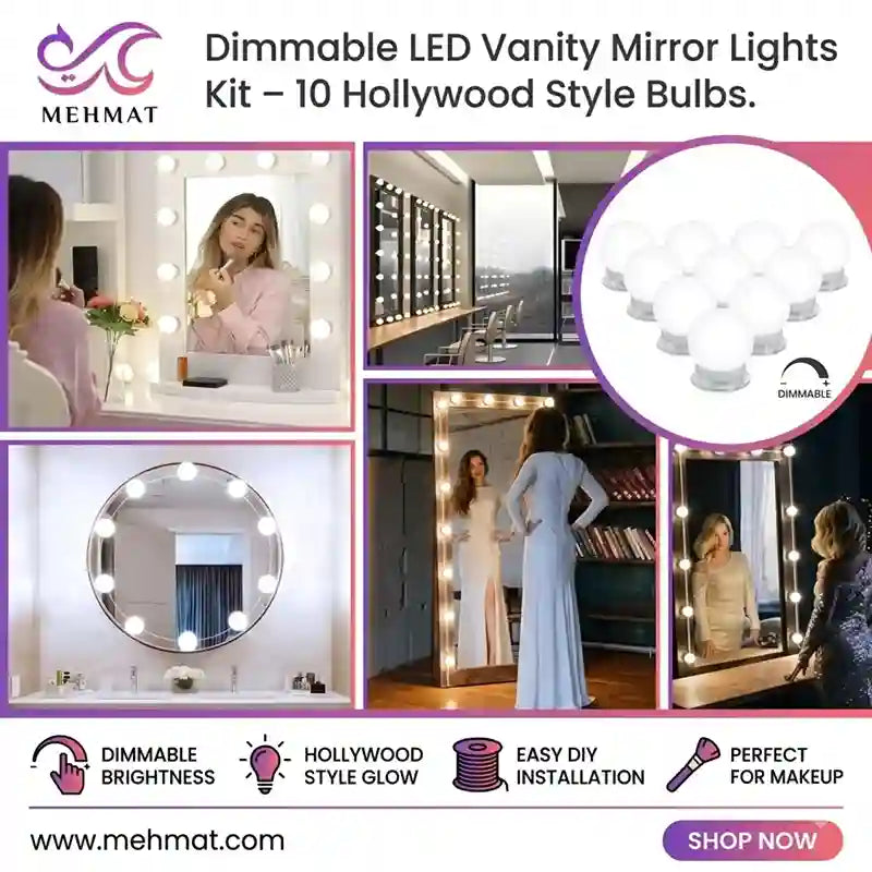 A promotional collage for a Mehmat dimmable LED vanity mirror light kit, showing multiple before-and-after makeup mirror photos, a product inset of round bulbs, and feature callouts for adjustable brightness, Hollywood-style glow, easy installation, and suitability for makeup use.