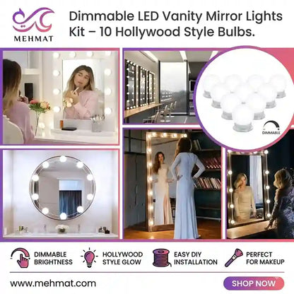 A promotional collage for a Mehmat dimmable LED vanity mirror light kit, showing multiple before-and-after makeup mirror photos, a product inset of round bulbs, and feature callouts for adjustable brightness, Hollywood-style glow, easy installation, and suitability for makeup use.
