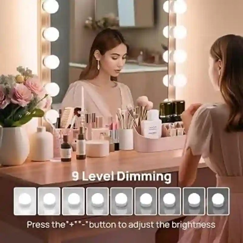 Woman using a vanity mirror with 9-level dimming options.