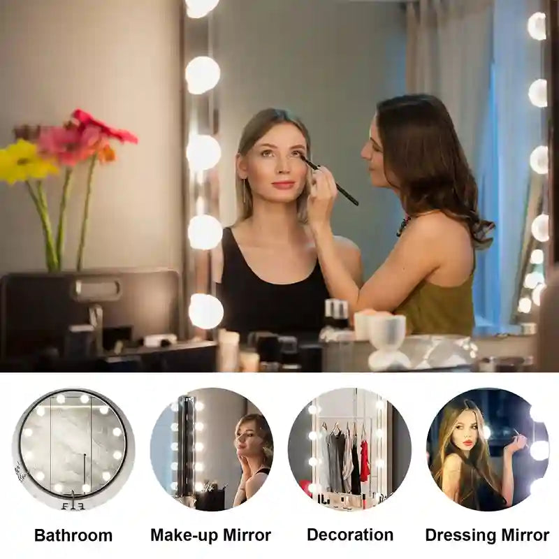 A makeup mirror with round light bulbs shown in a bathroom-like setting, with two women visible in the mirror and one applying makeup to the other's face. Four smaller circular inset images at the bottom show additional mirror uses: bathroom, makeup mirror, decoration, and dressing mirror.