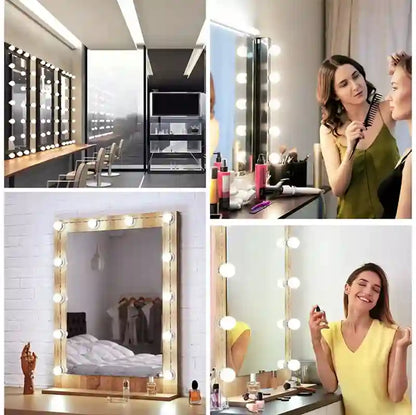 A four-panel collage showing a vanity mirror with round light bulbs in a bedroom and dressing-room setting, with women using it and cosmetics on a vanity.