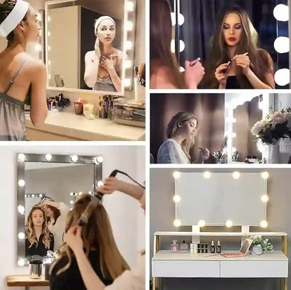 Collage of a woman using a vanity mirror with lights, applying makeup, and styling hair.
