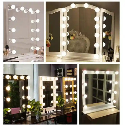 A collage showing three views of a lighted vanity mirror: a square mirror with round bulbs, a three-panel folding mirror with bright bulbs around the frame, and a rectangular mirror with bulbs on the outer edges. The mirrors are shown in indoor settings with makeup tables, decor, and reflections.