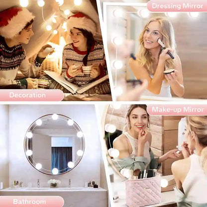 A four-panel collage showing lighted vanity mirrors in use: two people wearing Santa hats and holiday decorations, a woman applying makeup in front of a round mirror with bulbs, a bathroom mirror with bulbs, and a woman looking into a rectangular lighted mirror while another person applies makeup.