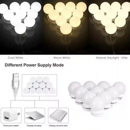 LED light bulbs in different color temperatures with power supply mode illustration.