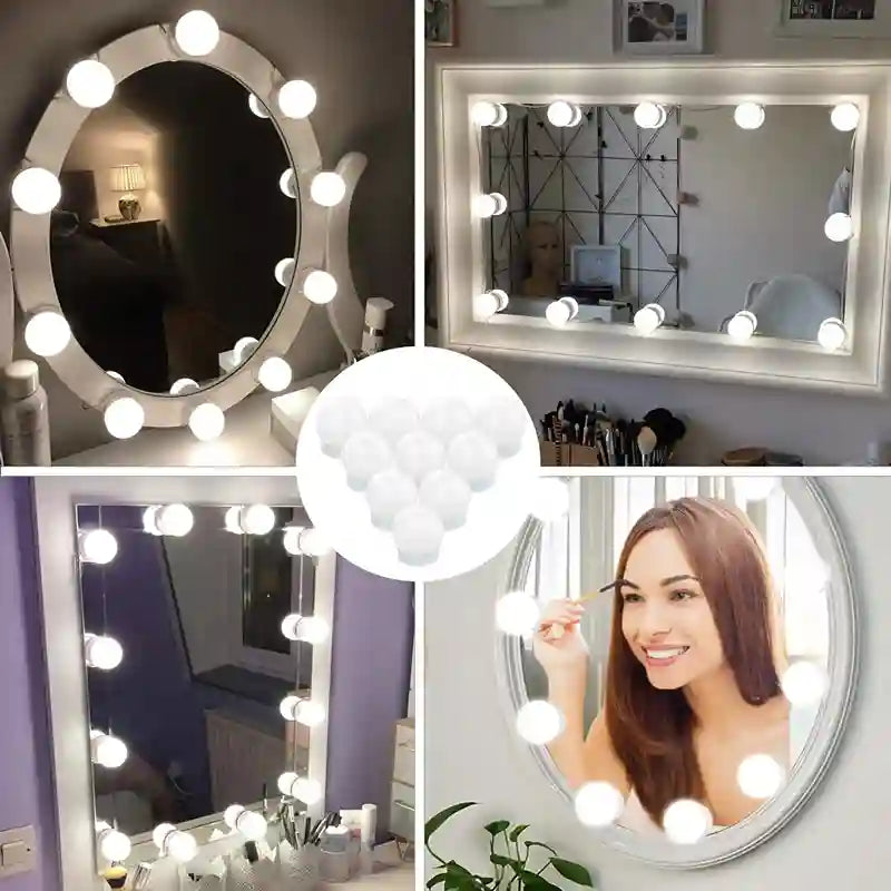 A collage showing a round vanity mirror with illuminated light bulbs around the edge, shown in multiple room settings and a close-up of the bulb pack. A woman is visible in one panel while using the mirror.