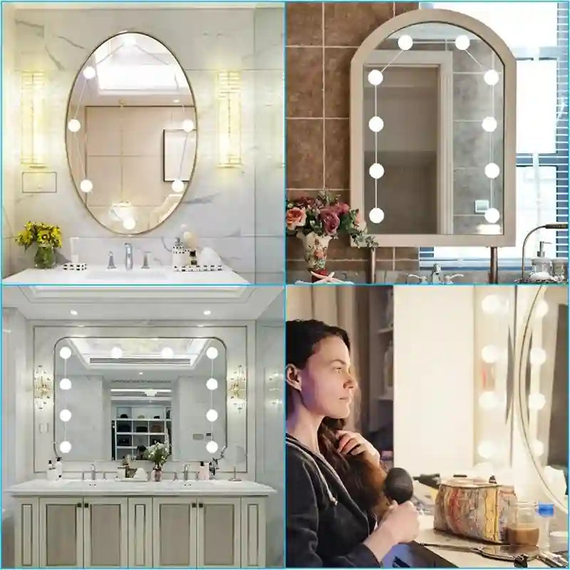 A four-panel collage showing lighted vanity mirrors in different bathroom settings, including an oval mirror, an arched mirror, a double vanity setup, and a woman using a hair dryer in front of a lighted mirror.