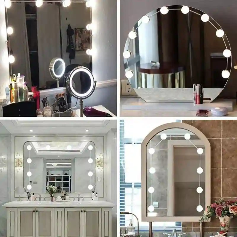 Collage of various vanity mirrors with light bulbs around the edges.