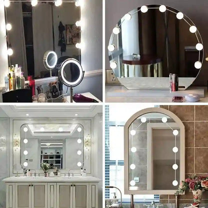 Collage of various vanity mirrors with light bulbs around the edges.