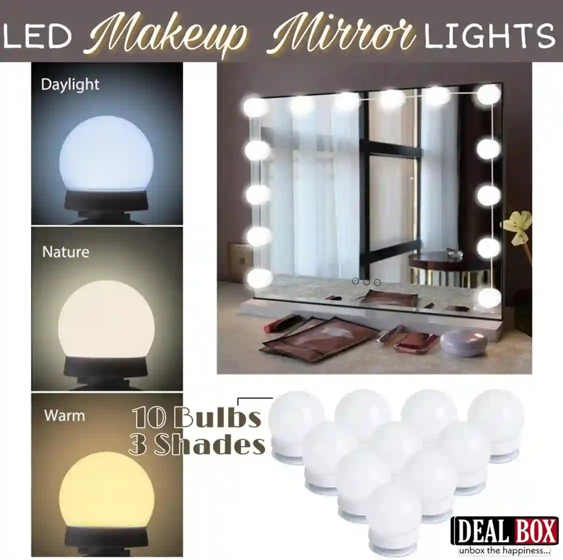 LED makeup mirror lights with different light settings and Deal Box branding.