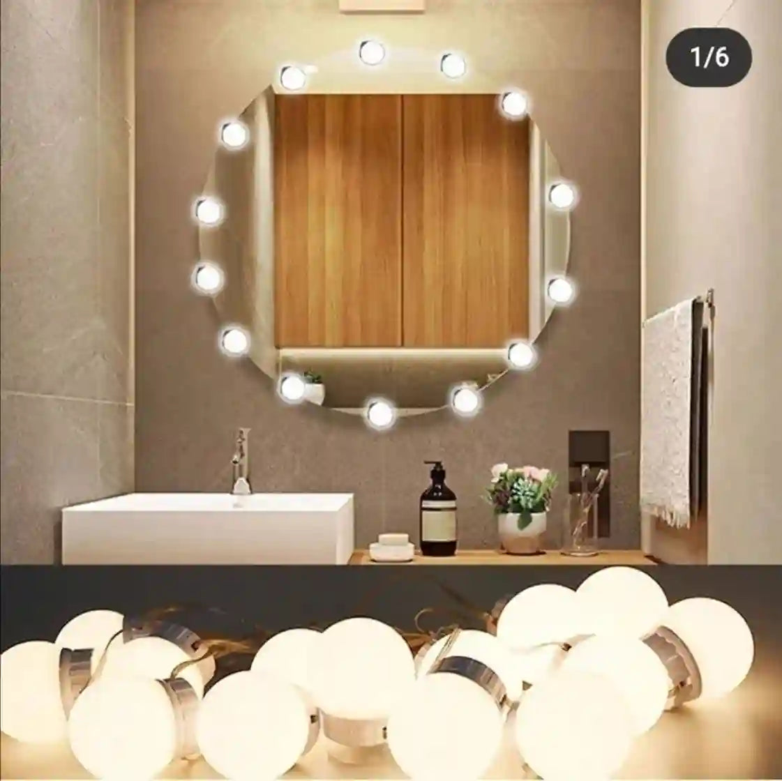 Bathroom vanity with a round mirror surrounded by lights, followed by a close-up of the light bulbs.