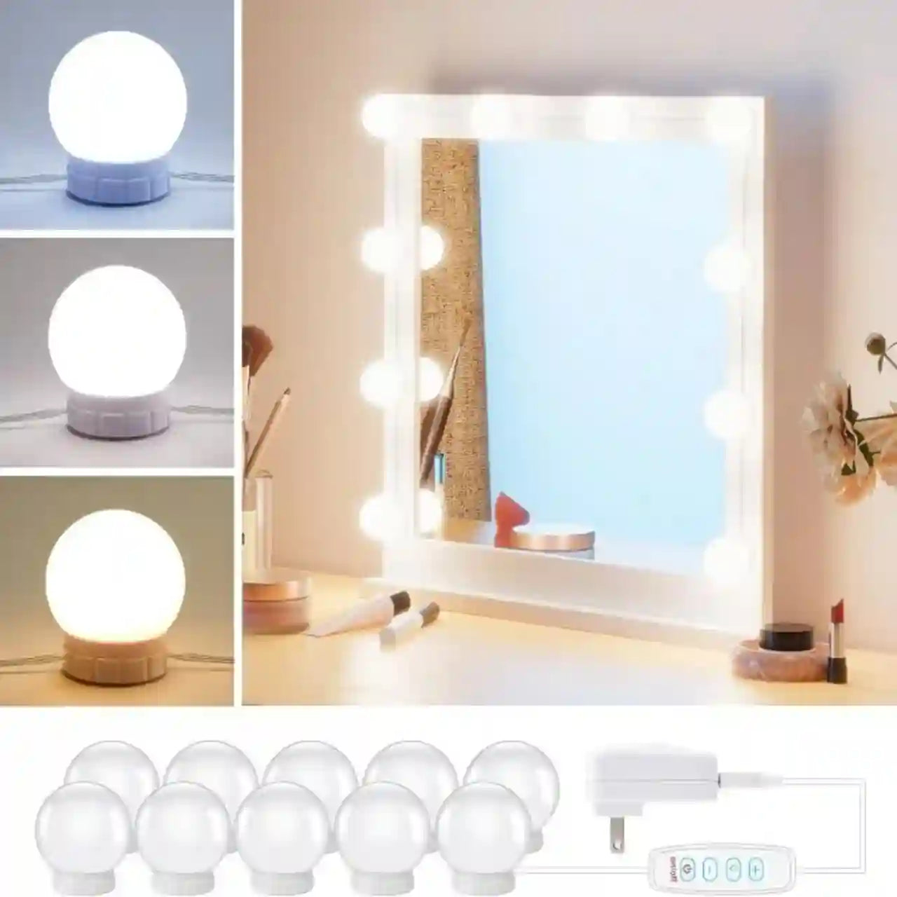 A square vanity mirror with a white frame and round light bulbs around the edges, shown lit in a room setting. Three inset images on the left show the bulbs glowing in different light modes, and the bottom shows multiple bulb bases plus a power adapter.