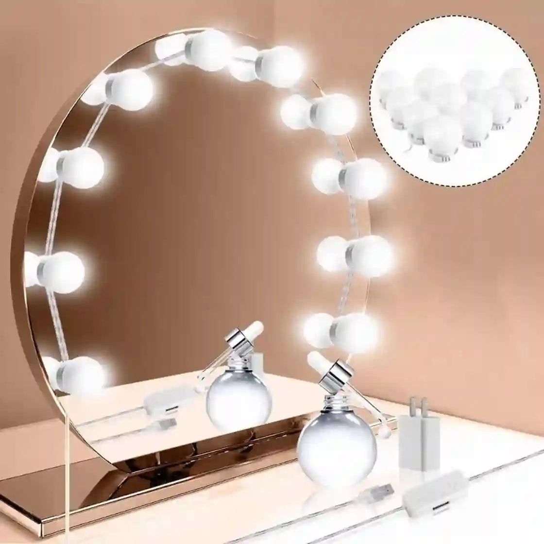 Makeup mirror with LED lights on a beige background