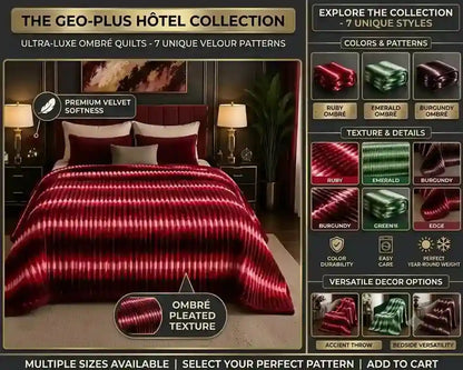 Promotional graphic for The Geo-Plus Hôtel Collection showing a bed made with a red and dark striped ombré pleated quilt set, alongside a color and texture options panel on the right.