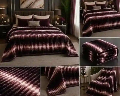 A bedding set featuring a plush, ribbed blanket and matching pillow shams in a deep plum purple with metallic bronze highlights, shown in a bedroom setting and close-up detail shots.