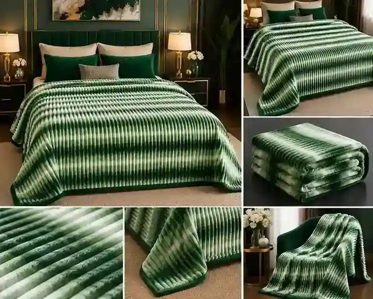 A green and white striped plush blanket shown in multiple views, including styled on a bed in a bedroom, folded, draped over an armchair, and close-up texture details.