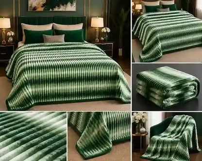 A green and white striped plush blanket shown in multiple views, including styled on a bed in a bedroom, folded, draped over an armchair, and close-up texture details.