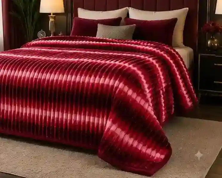 A plush bed dressed in a deep red and magenta striped ribbed blanket, styled with matching pillows and a neutral headboard in a bedroom setting.