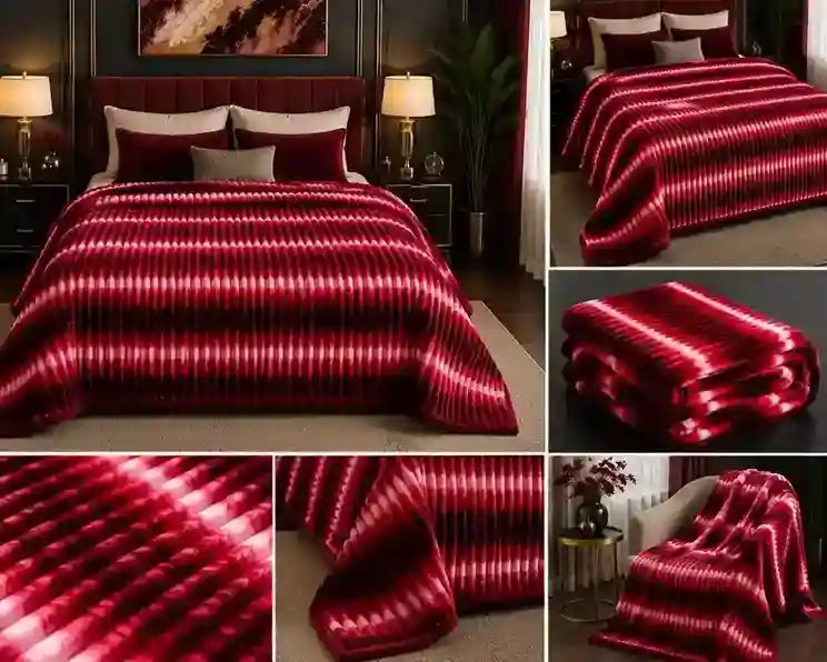 A red striped bedding set, including a comforter and matching pillow shams, shown in a bedroom setting with a multi-panel collage showing different angles and close-ups of the textured fabric.