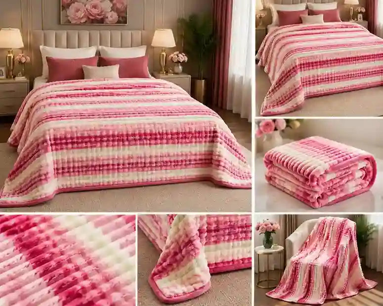 A collage showing a pink and white striped plush blanket in a bedroom setting, folded, and shown in close-up texture views. The blanket features alternating horizontal stripes of bright pink and soft off-white/cream.