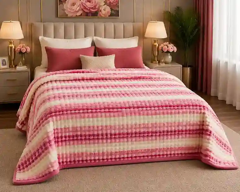 A cozy bedroom scene featuring a bed made with a textured pink and cream striped blanket, matching pink pillows, and a beige tufted headboard.