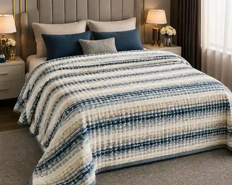 A bed dressed in a textured striped quilt or comforter in cream, beige, and slate blue tones, styled with blue and gray pillows in a modern bedroom setting.
