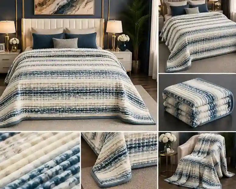 A collage showing a striped throw blanket in a bedroom setting, folded, and close-up texture details. The blanket has a textured, tie-dye-like horizontal pattern in cream, beige, and blue-gray tones.