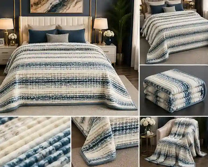 A collage showing a striped throw blanket in a bedroom setting, folded, and close-up texture details. The blanket has a textured, tie-dye-like horizontal pattern in cream, beige, and blue-gray tones.