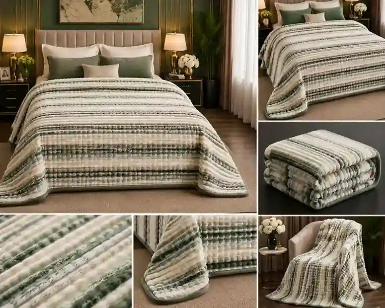 A collage showing a striped knit blanket or throw in soft neutral and sage green tones, displayed on a bed, folded, draped over an armchair, and shown in close-up texture views.