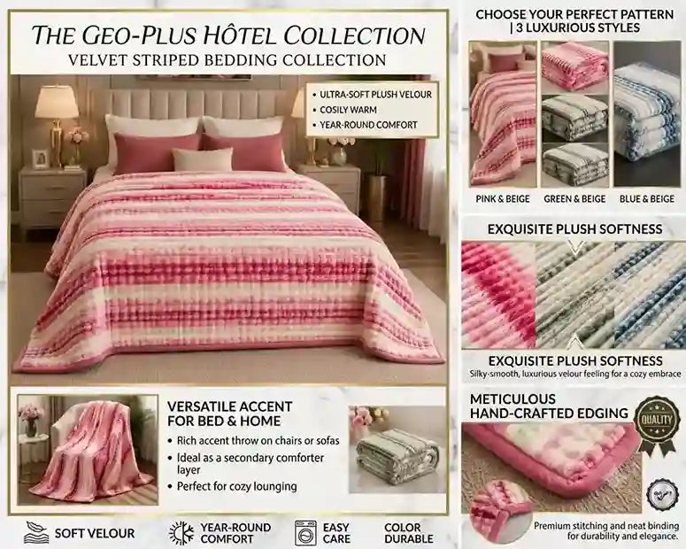 Promotional collage for The Geo-Plus Hótel Collection velvet striped bedding, showing a made bed with pink and red striped duvet, close-up fabric swatches, and feature callouts for plush velvet, multiple color options, and handcrafted edging.