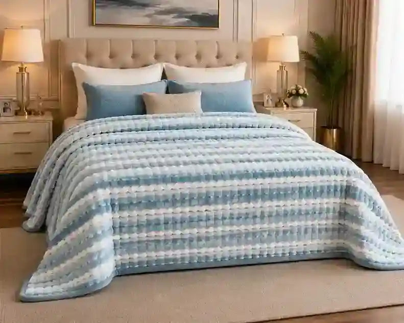 A light blue and white striped quilted blanket with a textured dotted pattern, styled on a bed with matching pillows in a warm, modern bedroom setting.