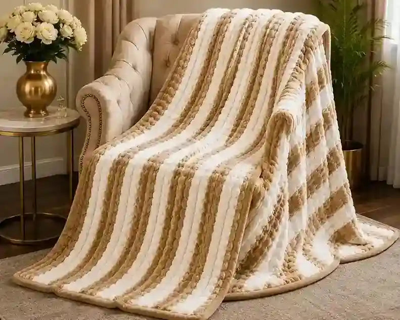 A plush striped throw blanket draped over a tufted armchair in a styled living room setting, featuring alternating cream and tan textured stripes.