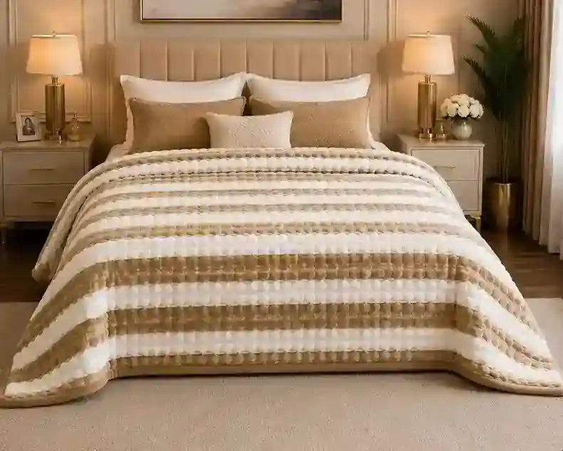 A cozy bedroom scene featuring a bed made up with a textured striped quilt in beige and cream tones, styled with matching pillows, bedside tables, lamps, and a plant.