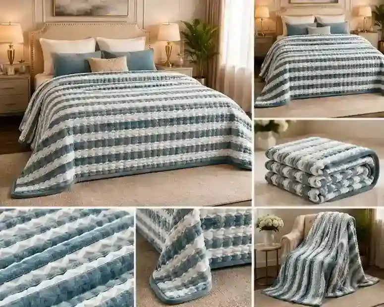 A quilted blanket with blue and white textured stripes shown in a bedroom setting, with additional views of the folded blanket, close-up texture details, and draped styling.