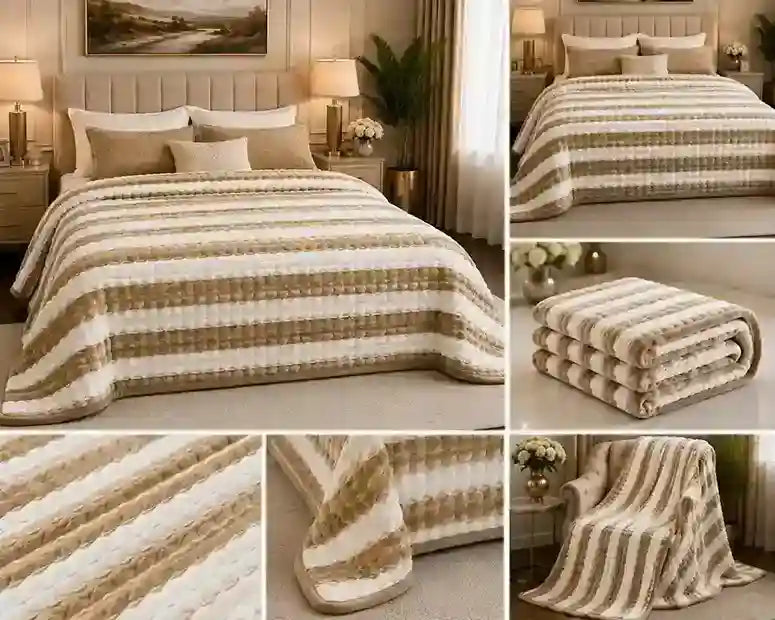 A striped quilted blanket in beige, cream, and brown tones, shown styled on a bed in a bedroom setting, folded, and in close-up detail views.