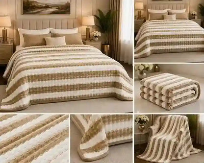 A striped quilted blanket in beige, cream, and brown tones, shown styled on a bed in a bedroom setting, folded, and in close-up detail views.