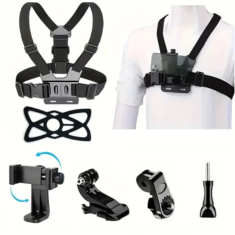 Black chest harness mount for action cameras, shown on a mannequin torso and as a standalone product with included mounting bracket, strap, and adapter pieces on a white background.