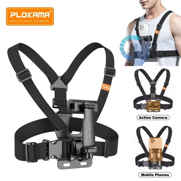 Black chest harness with camera mount for action cameras and mobile phones, featuring Plokama branding.