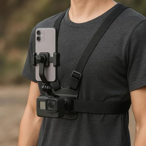 A black chest harness mount holding a smartphone and action camera, worn by a person in a dark gray t-shirt against a blurred outdoor background.