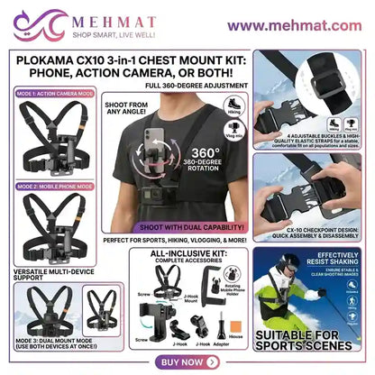 A promotional infographic for the Mehmat Plokama CX10 3-in-1 Chest Mount Kit, showing the black and gray chest harness from multiple angles, a model wearing the mount with a phone attached, close-up details of the buckle system, included accessories, and usage tips. The Mehmat brand logo and website are visible at the top.